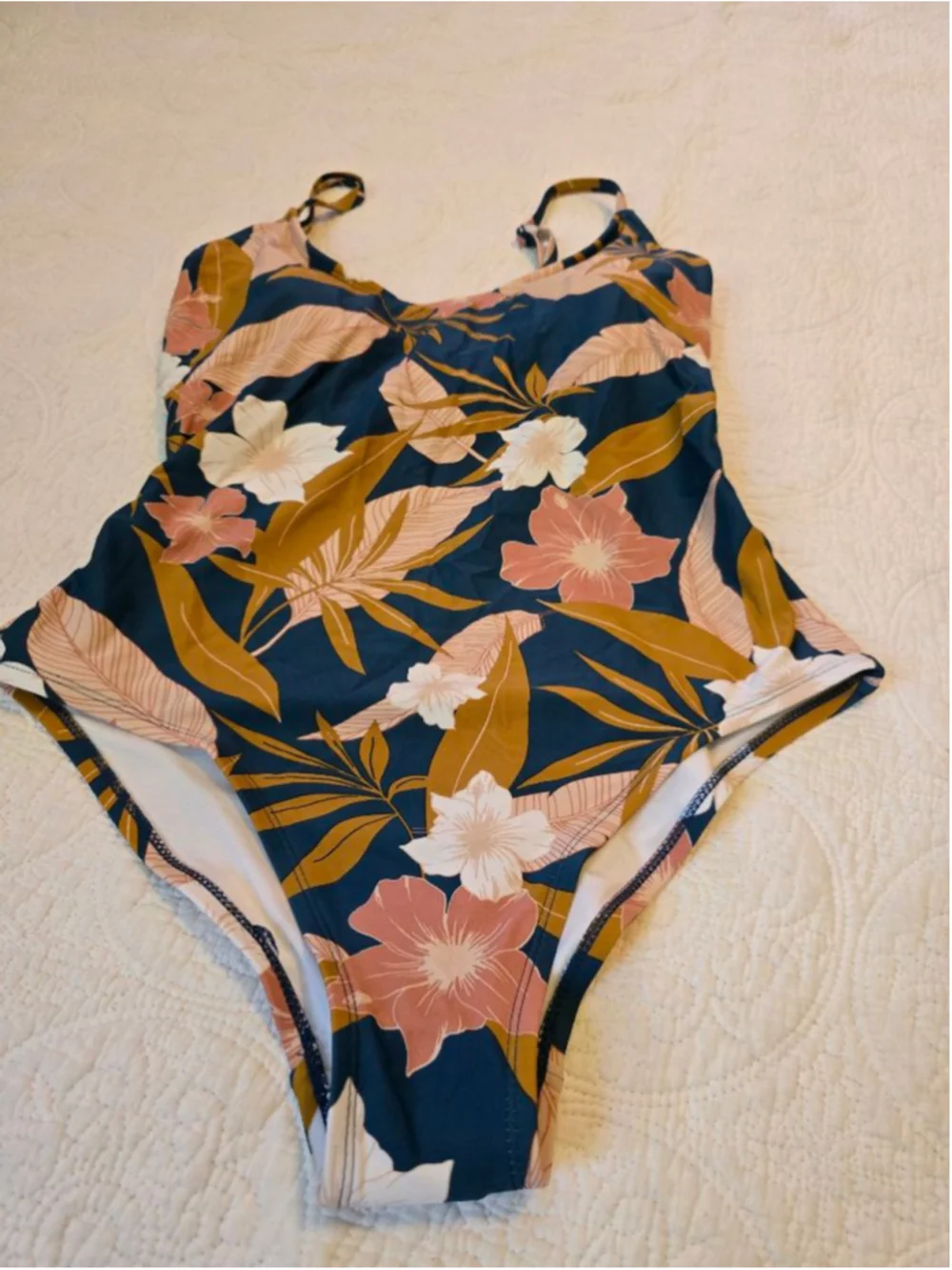 Women's Kona Sol One Piece Swimsuit M Blue Brown Floral Resort Wear Beach Vibes